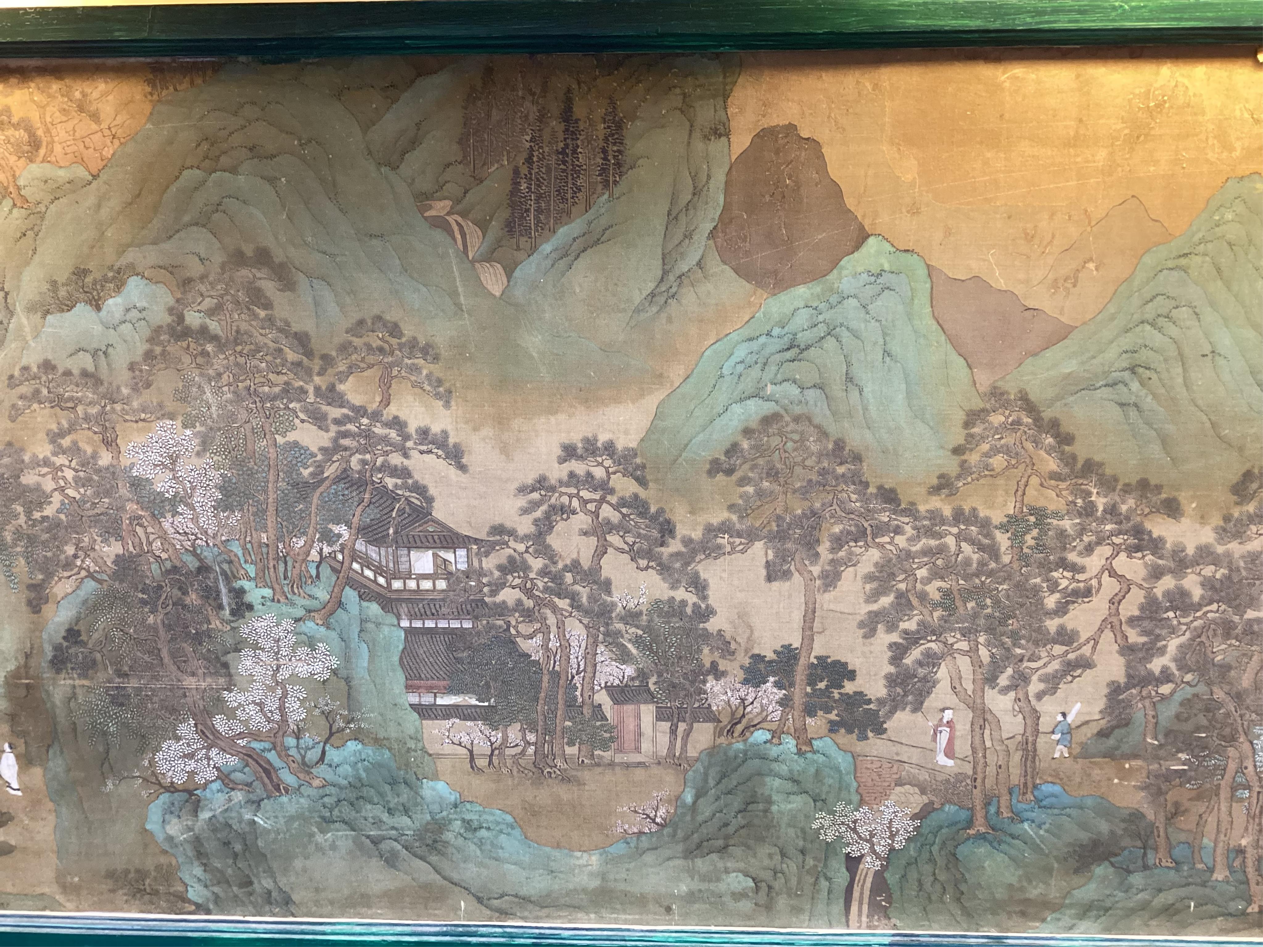 Chinese School , 17th century or earlier, Scholars in a mountainous river landscape scene with pavilions, Ink and colour on silk, incomplete clerical script signature, 54cm x 290cm